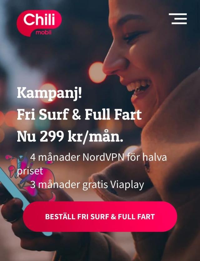 Chilimobil 299 kr/mån inkl. 3 mån Viaplay & 4 mån VPN