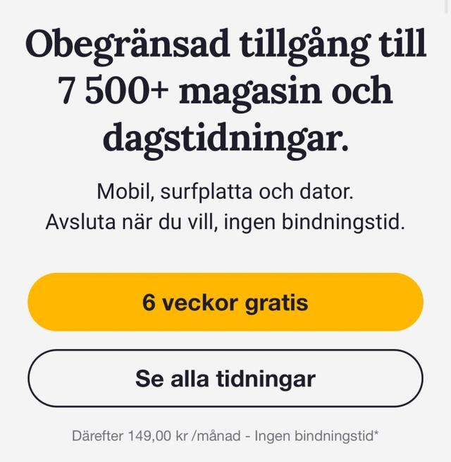 Readly - 6 veckor helt gratis - Därefter 149 kr/mån