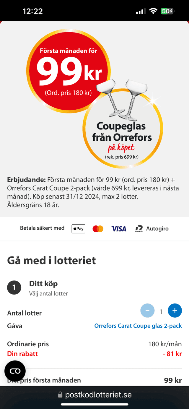 Postkodlotteriet, 2 lyxiga glas från Orrefors på köpet 99kr