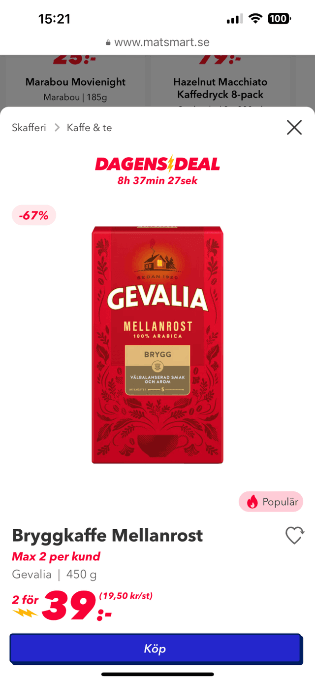 MATSMART lucka 3 två paket Gevalia för 39kr
