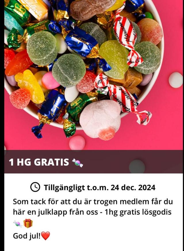 1 hg gratis lösgodis i hemmakväll-appen!