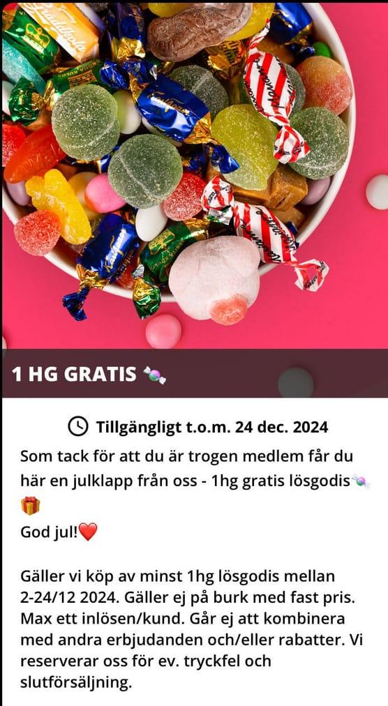 1 hg gratis godis för medlemmar hos hemmakväll