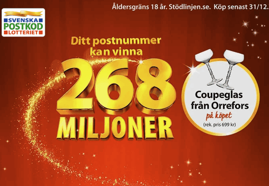Svenska Postkodlotteriet: första månaden för 99 kr + glas