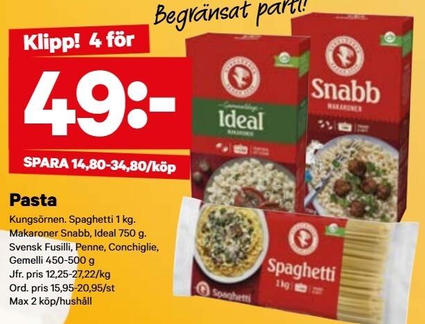 City Gross- 4 valfria Kungsörnen pasta för 49 kr