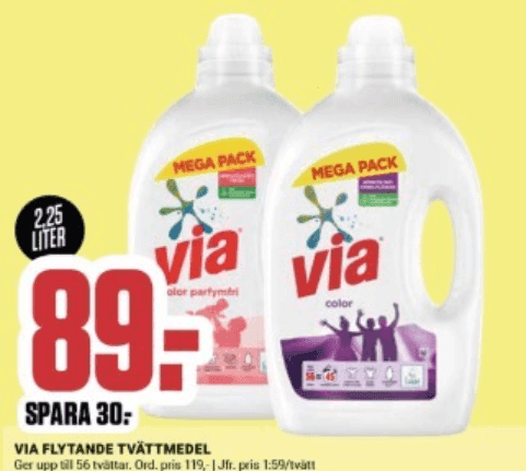 ÖoB - Via tvättmedel 2,25 liter för 89 kr