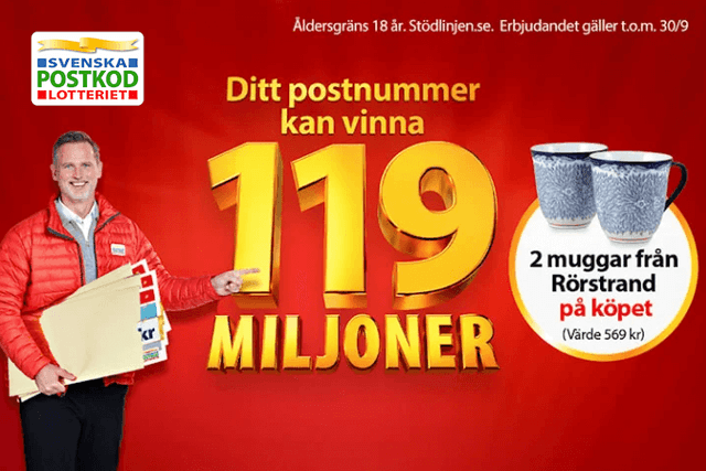 Postkodlotteriet 1:a månaden 99 kr + muggar från Rörstrand på köpet
